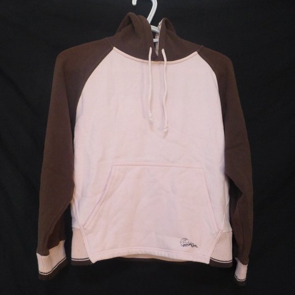 POWDER ROOM, pink and brown hooded sweatshirt, kangaroo pockets, medium, GUC